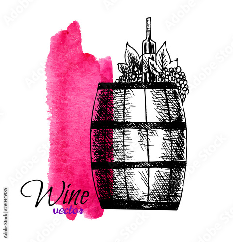 Wine degustation concept in hand drawn design. Barrel, grapes bottle of wine on watercolor red background.