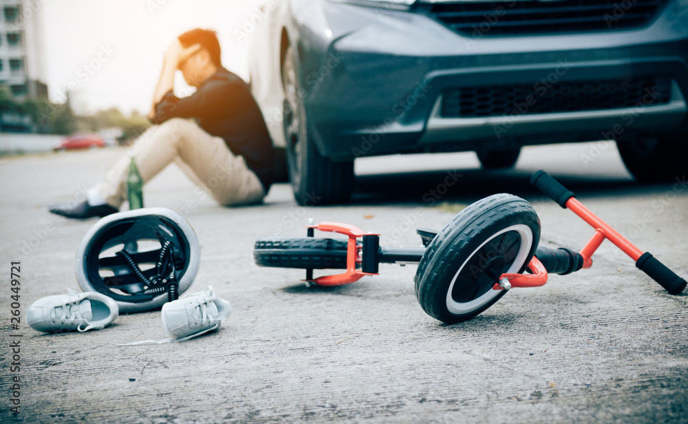 Man are stressed while being drunk with driving crash a child bike accident occurs. Man are stressed while being drunk with driving crash a child bike accident occurs.
