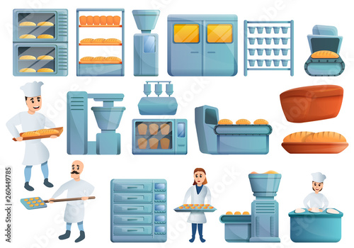 Bakery factory icons set. Cartoon set of bakery factory vector icons for web design