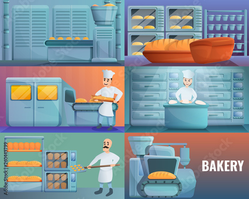 Modern bakery factory banner set. Cartoon illustration of modern bakery factory vector banner set for web design