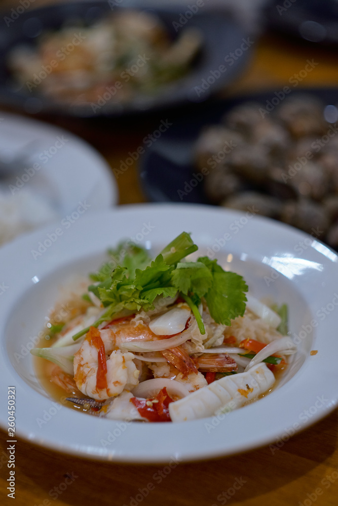 Spicy vermicelli salad in thailand restaurant Spicy seafood salad Spicy vermicelli salad in thailand restaurant Spicy seafood salad