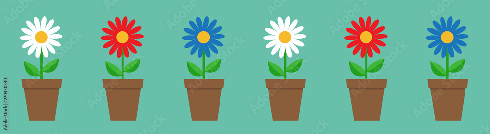 Daisy chamomile in pot line. Cute flower plant collection. Love card. White red blue camomile icon set Growing concept. Flat design. Green background. Isolated.