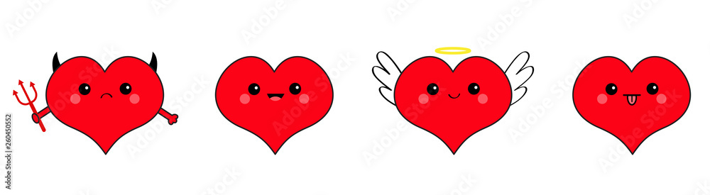 Fototapeta premium Red heart head face emotion icon set line. Devil Angel Evil Amour. Trident horn wing nimbus. Cute cartoon kawaii character. Happy Valentines day. Flat design. Greeting card. White background.