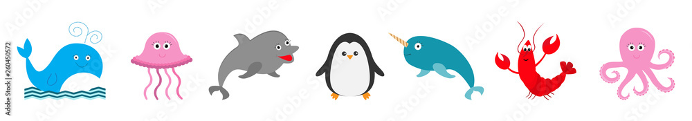 Fototapeta premium Sea ocean animal fauna set line. Fish, whale,dolphin, lobster, crab, jellyfish, penguin, narwhal, octopus. Cute cartoon kawaii character collection. Isolated. Flat design. White background.
