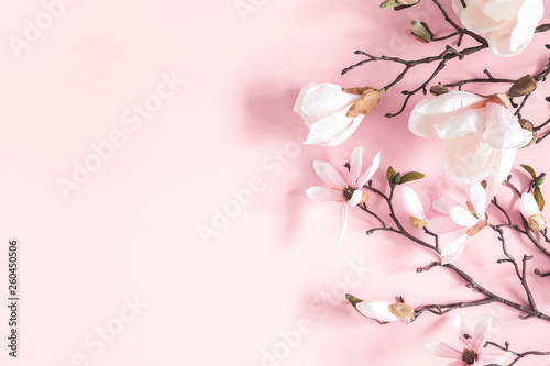 Flowers composition. Magnolia flowers on pastel pink background. Flat lay  top view  copy space