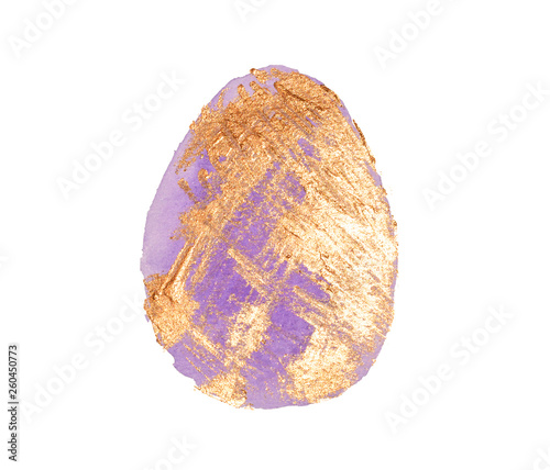 Hand drawn purple and golden watercolor Easter egg on white background