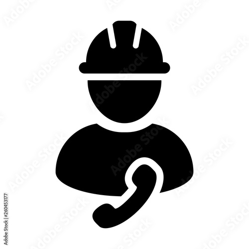 Architect icon vector male construction worker person profile avatar with phone and hardhat helmet in glyph pictogram illustration