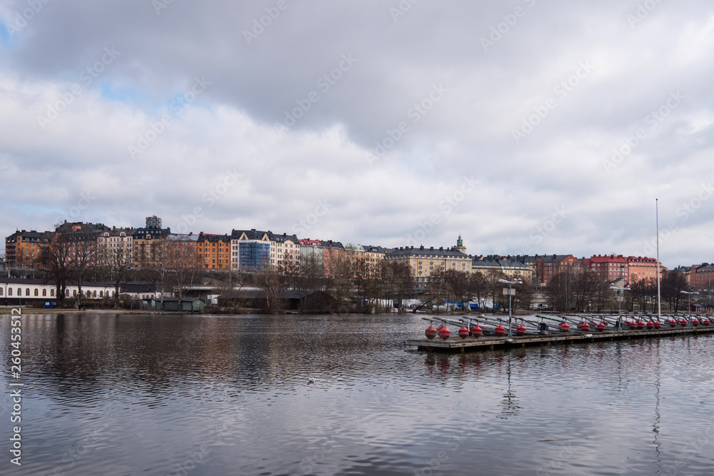 View from the Karbergs chanel in Stockholm over the Karbergs castle and the Vasastan district