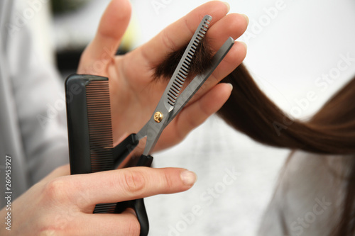 Hairdresser cutting long hair of young woman in salon