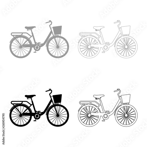 Woman's bicycle with basket Womens beach cruiser bike Vintage bicycle basket ladies road cruising icon set black color vector illustration flat style image