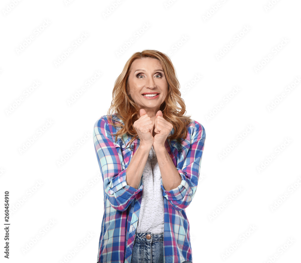 Excited mature woman on white background Excited mature woman on white background