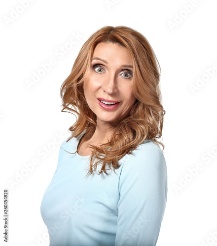 Mature woman in casual clothes on white background