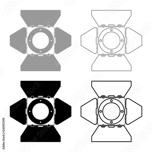 Studio spot lights Studio projector front view Spotlight Movie equipment Spot lamp Projector light concept icon set black color vector illustration flat style image