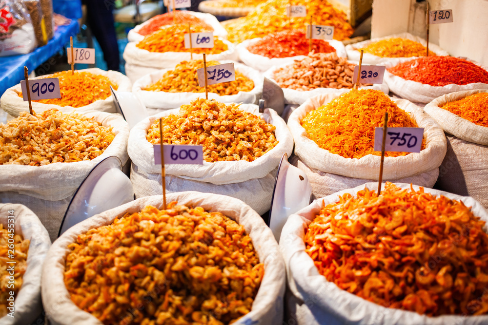 dried shrimp and seafood on the market