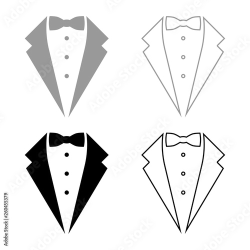 Symbol service dinner jacket bow Tuxedo concept Tux sign Butler gentleman idea Waiter suit icon set black color vector illustration flat style image