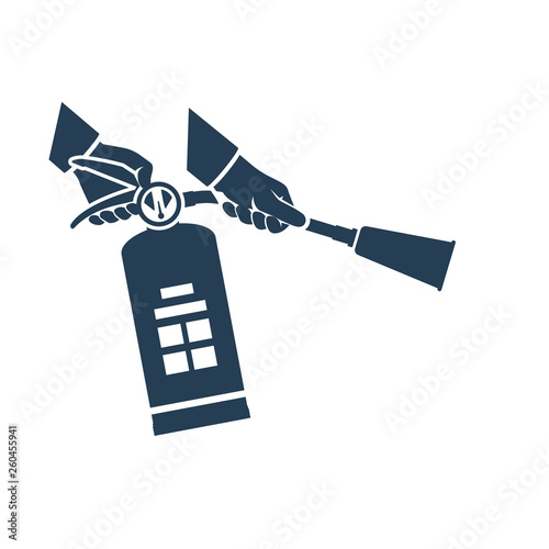 Extinguish fire black silhouette. Icon fireman hold in hand fire extinguisher. Vector illustration flat design. Pictogram isolated white background. Protection from flame. Show training instructions.