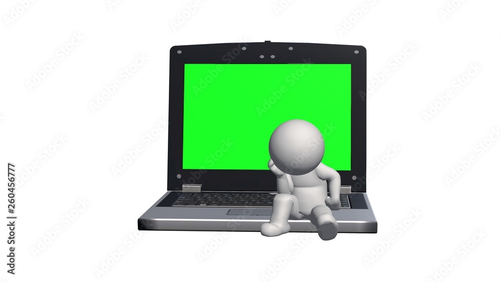 3D People sitting on the notebook with green screen and think - isolated on white background 3D People sitting on the notebook with green screen and think - isolated on white background