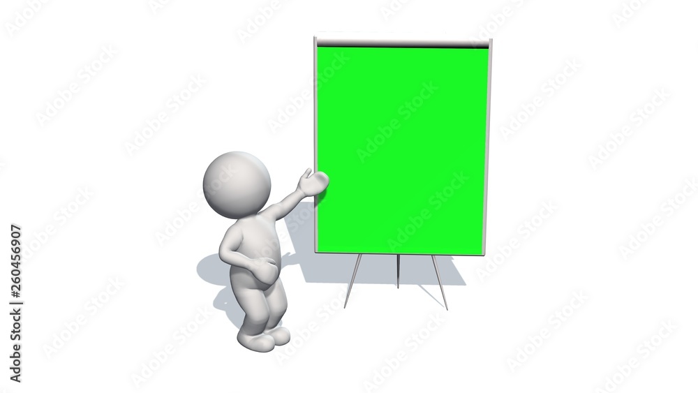 3D people pointing on green board - isolated on white background