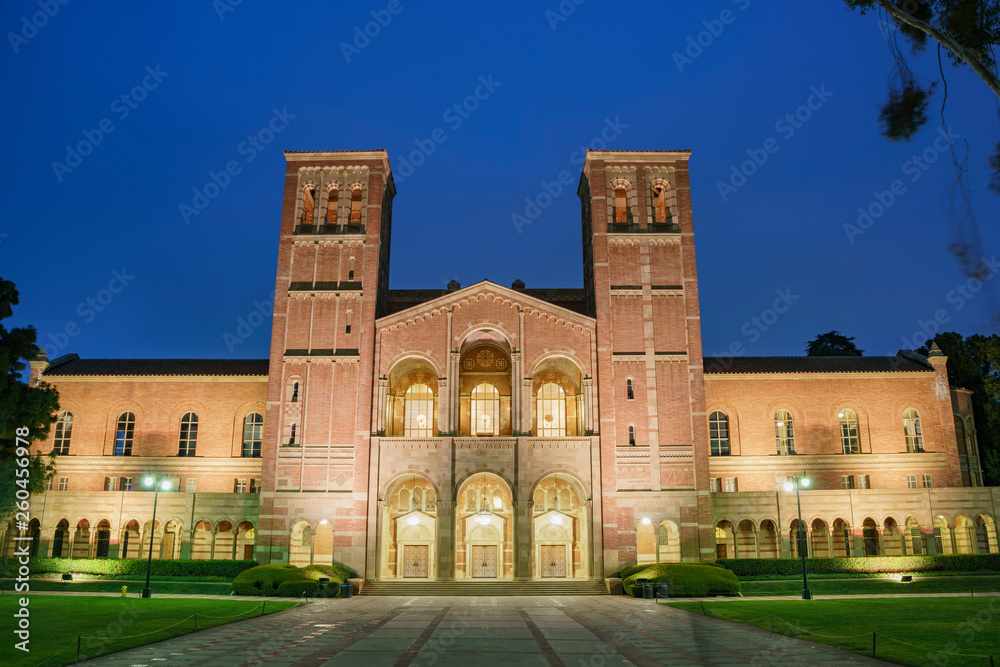 Night exterior view of the Royce Hall