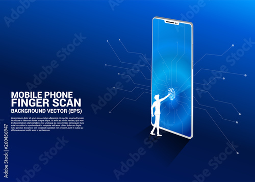 Businessman touch finger print on Finger scan icon on mobile phone screen. Background concept for security and privation technology on network