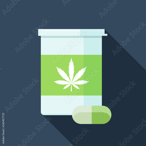 Flat vector icon of bottle with medical marijuana pills. Cannabis medications colorful illustration