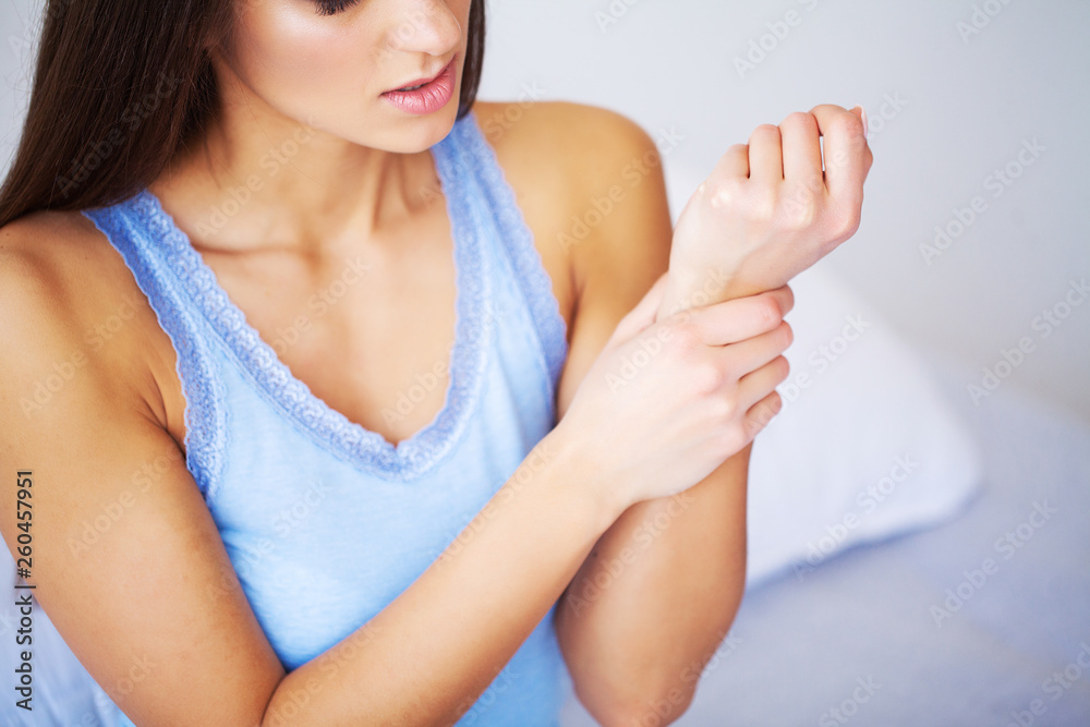 Arms Pain. Beautiful Woman Body Feeling Pain In Shoulders Arms Pain. Beautiful Woman Body Feeling Pain In Shoulders