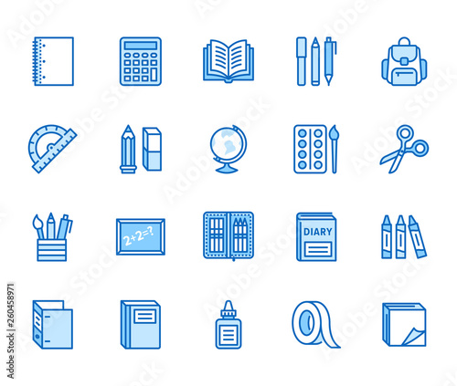 School supplies flat line icons set. Study tools - globe, calculator, book, pencil, scissors, ruler, notebook vector illustration. Thin signs for stationery sale. Pixel perfect 64x64. Editable Stroke