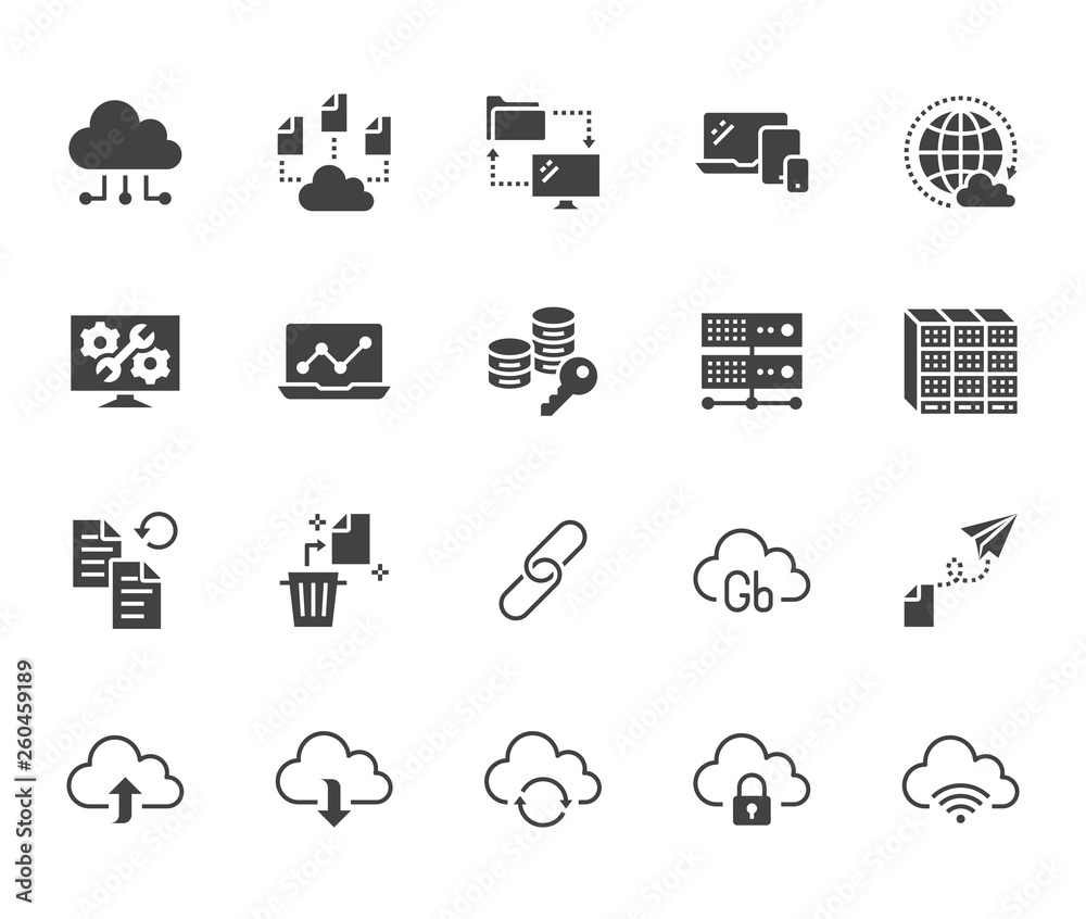 Cloud data storage flat glyph icons set. Database, information storage ...