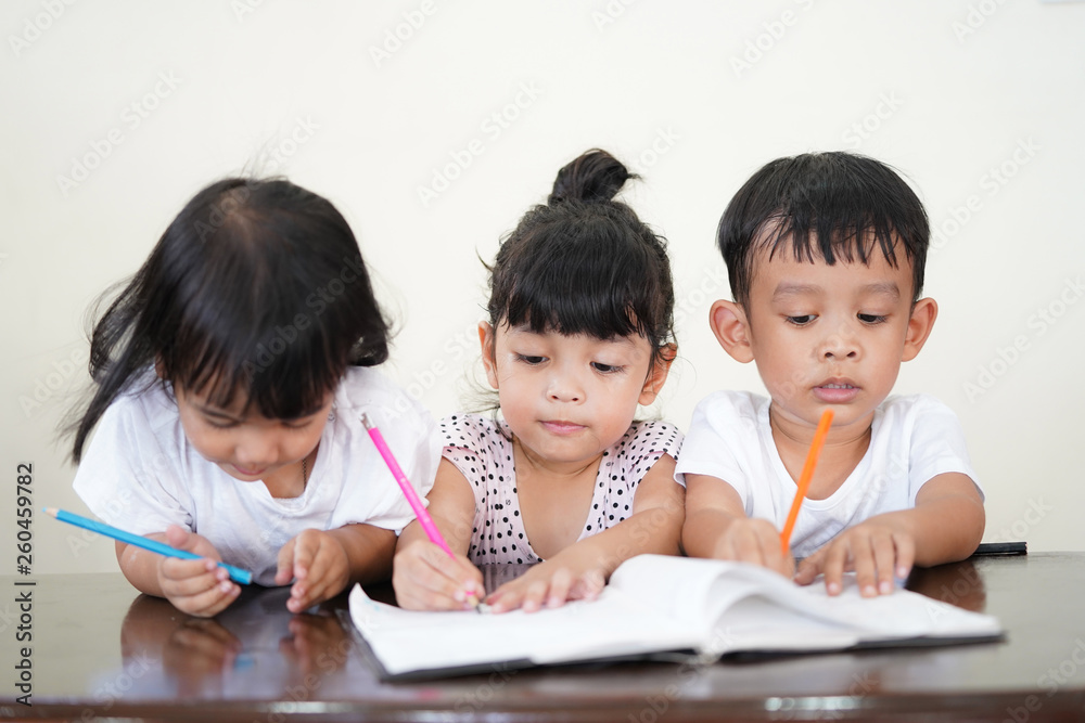 student doing homework .Kid enjoy learning with happiness at home. Education concept             