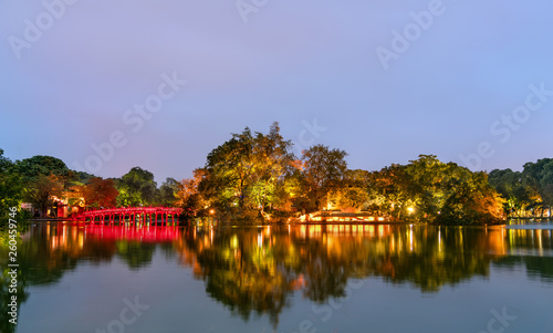 The Huc Bridge and the Temple of the Jade Mountain on Hoan Kiem Lake in Hanoi, Vietnam photo