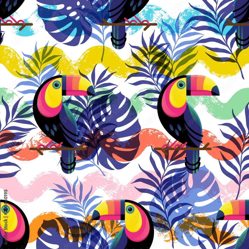 Fototapeta premium Vector botanical seamless pattern with Toucan and waves