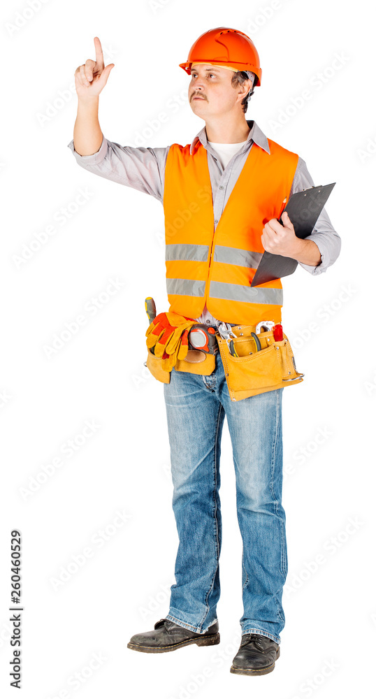 Builder man with pen writing on invisible wall. Builder man with pen writing on invisible wall.