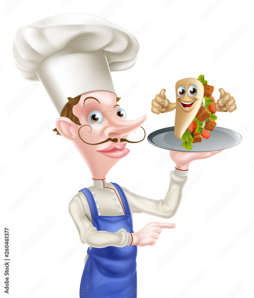An Illustration of a Cartoon Chef Poiting with Kebab An Illustration of a Cartoon Chef Poiting with Kebab