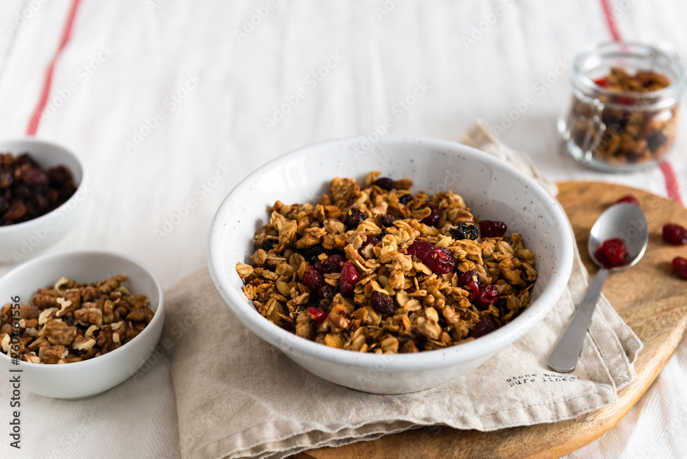 Dry breakfast cereals. Crunchy honey granola bowl with flax seeds, cranberries and coconut. Healthy, vegeterian fiber food. Breakfast time. Dieting concept for banner. Copy space