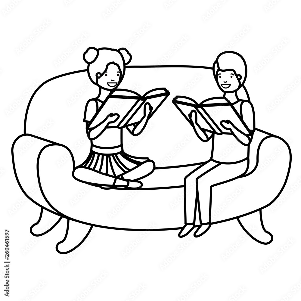 couple of children sitting in sofa with book avatar character
