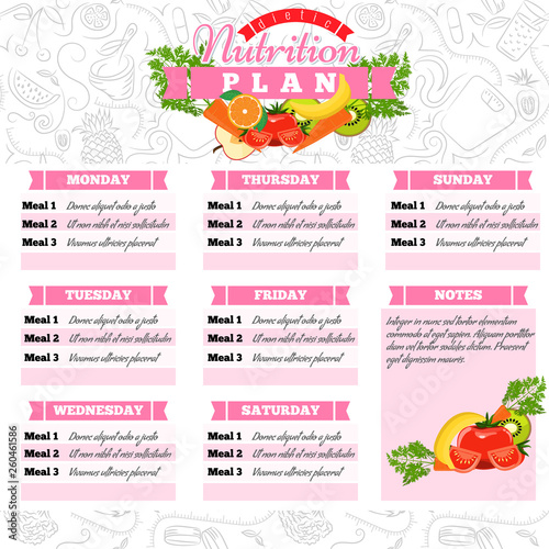 Healthy diet planning. Healthy food and weekly meal plan schedule. Dietic timetable. Vector illustration.