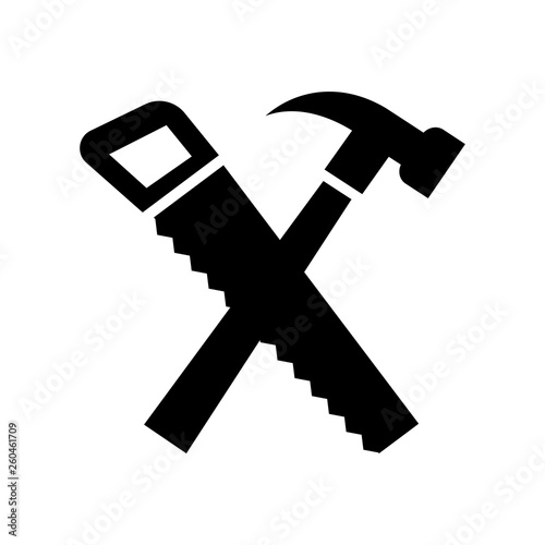 Repair services logo, icon. Tools. Hammer, hand saw. Black. Vector illustration.