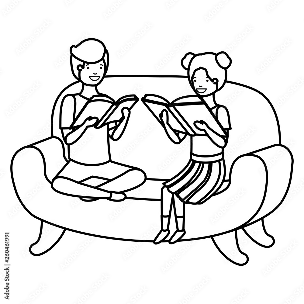 couple of children sitting in sofa with book avatar character couple of children sitting in sofa with book avatar character