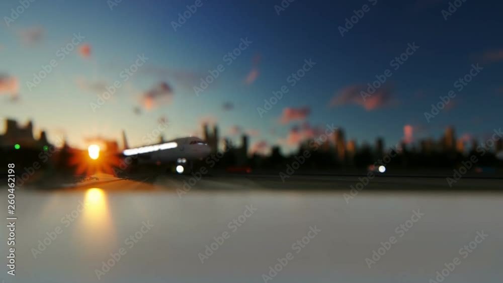 Passenger Airplane parking near airport terminal against city skyline at sunset