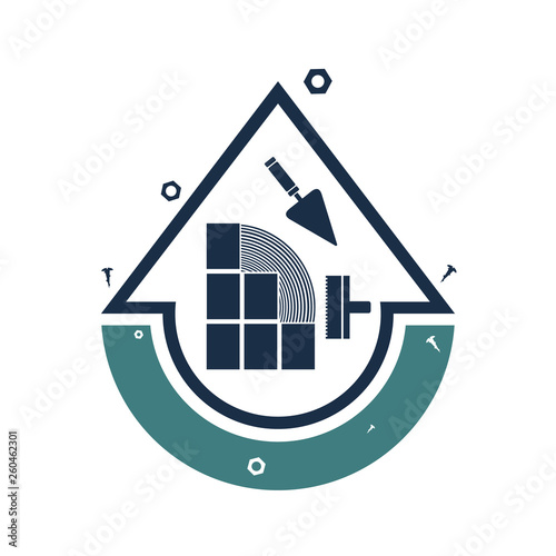 Repair services logo, icon. Constructions work, tile laying. Vector illustration.