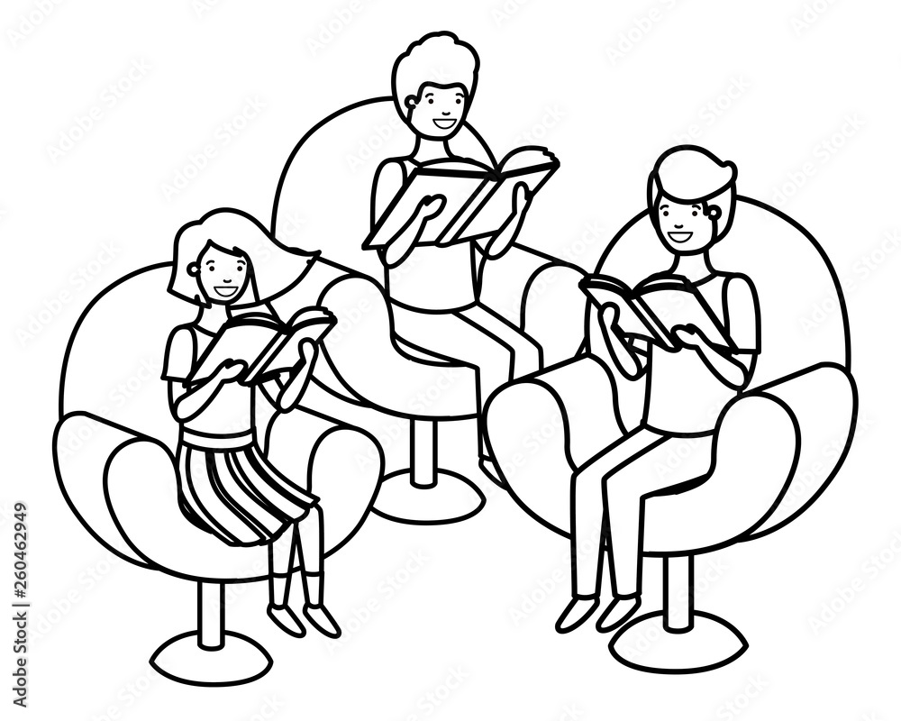 group of people sitting in sofa with book avatar character group of people sitting in sofa with book avatar character