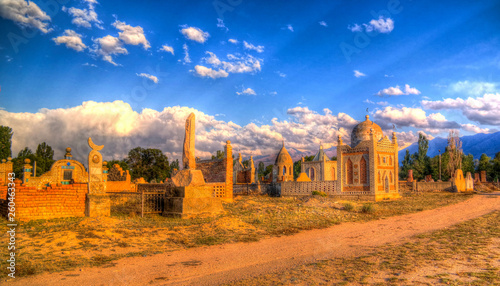 Panorama view to muslim cemetery Semiz Bel at Kochkor in Naryn  Kyrgyzstan