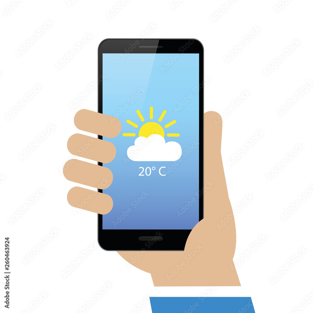 hand holds smartphone with weather report on display isolated on white background vector illustration EPS10 hand holds smartphone with weather report on display isolated on white background vector illustration EPS10