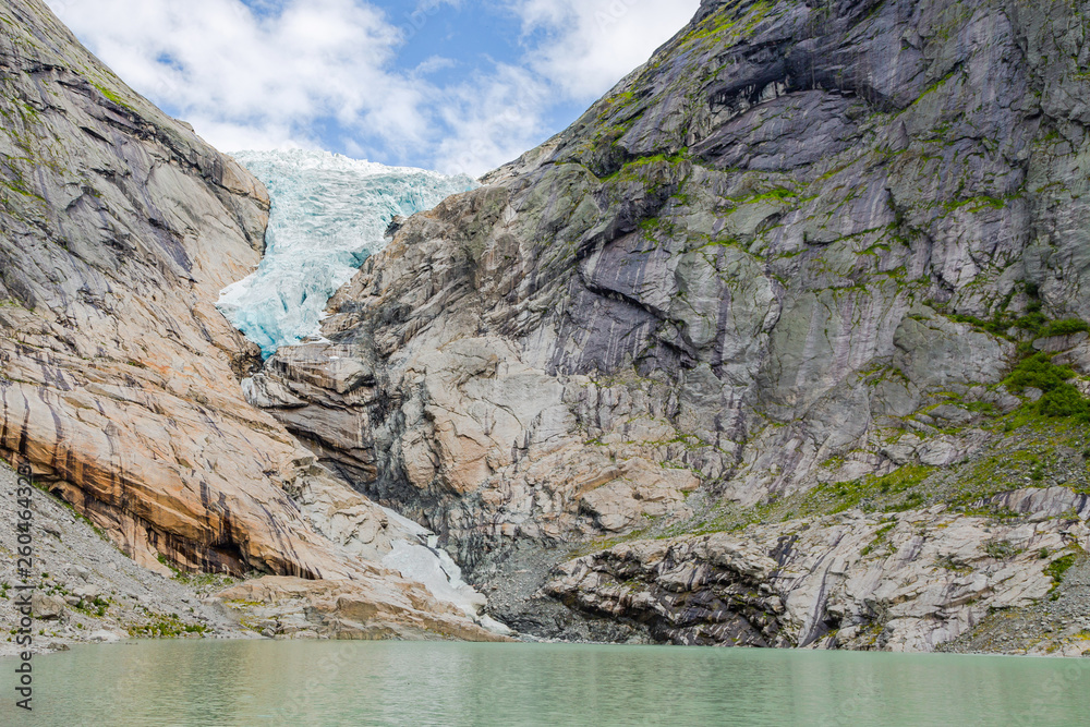 Melting Briksdal glacier in Norway, close up