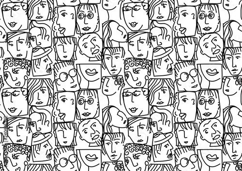 People abstract faces avatars characters black and white seamless pattern