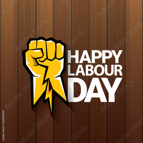 Happy labour day vector label with strong orange fist on wooden background. vector happy labor day background or banner with man hand. workers may day poster
