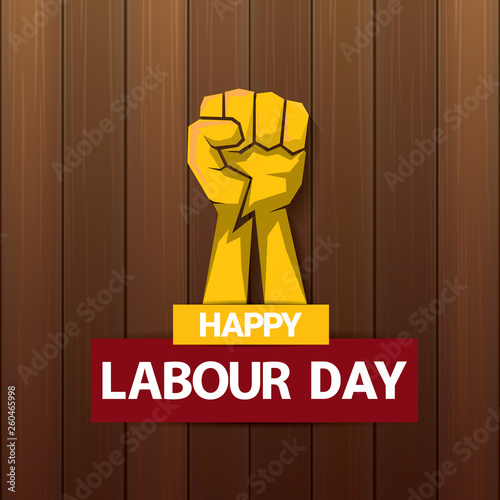 Happy labour day vector label with strong orange fist on wooden background. vector happy labor day background or banner with man hand. workers may day poster