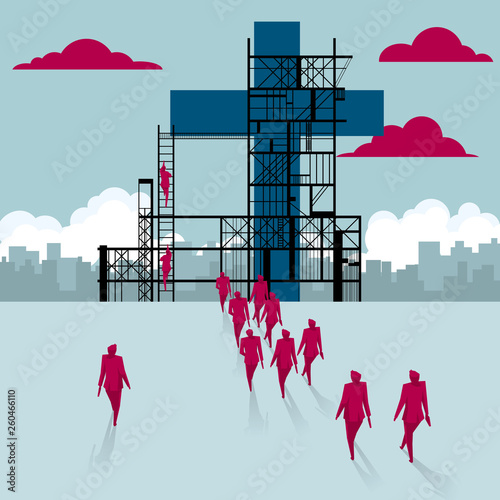 The cross is under construction. A group of businessmen walked to the building site.