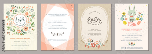 Happy Easter templates with eggs, flowers, floral wreath and branches, rabbit and typographic design. 