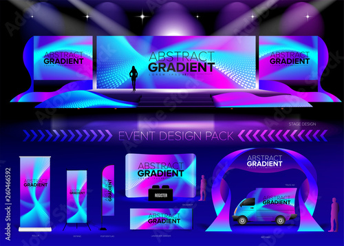 A pack of 3D event design medias in vector format, with a sample of graphic template in RGB color. It is suitable for event design, event planing, concert, seminar, etc.